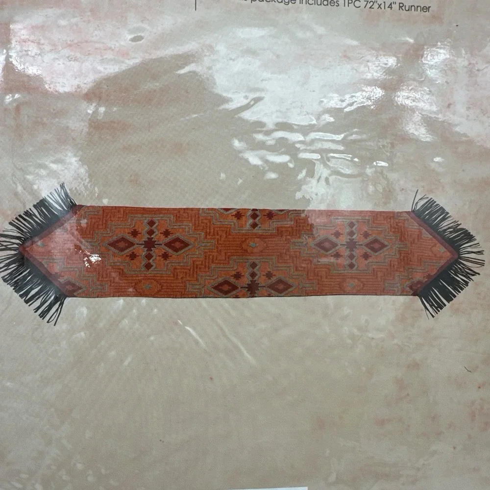 Saverio Table Runner with fringe Southwest Orange Brown Aztec Style 72